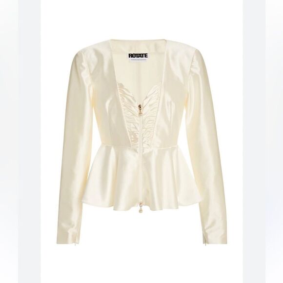 ROTATE BIRGER CHRISTENSEN WHITE ASPARAGUS SATIN RUCHED PEPLUM ANNIE TOP - Picture 4 of 11